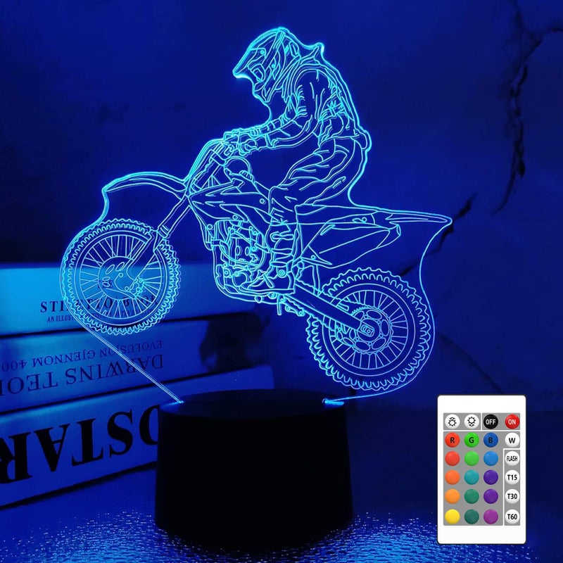 FULLOSUN Dirt Bike Gifts, Motocross 3D Night Light for Kids for Xmas Holiday Birthday Gifts for Kids Motorcycle Fan with Remote Control 16 Colors Changing + 4 Changing Mode + Dim Function - Image 1